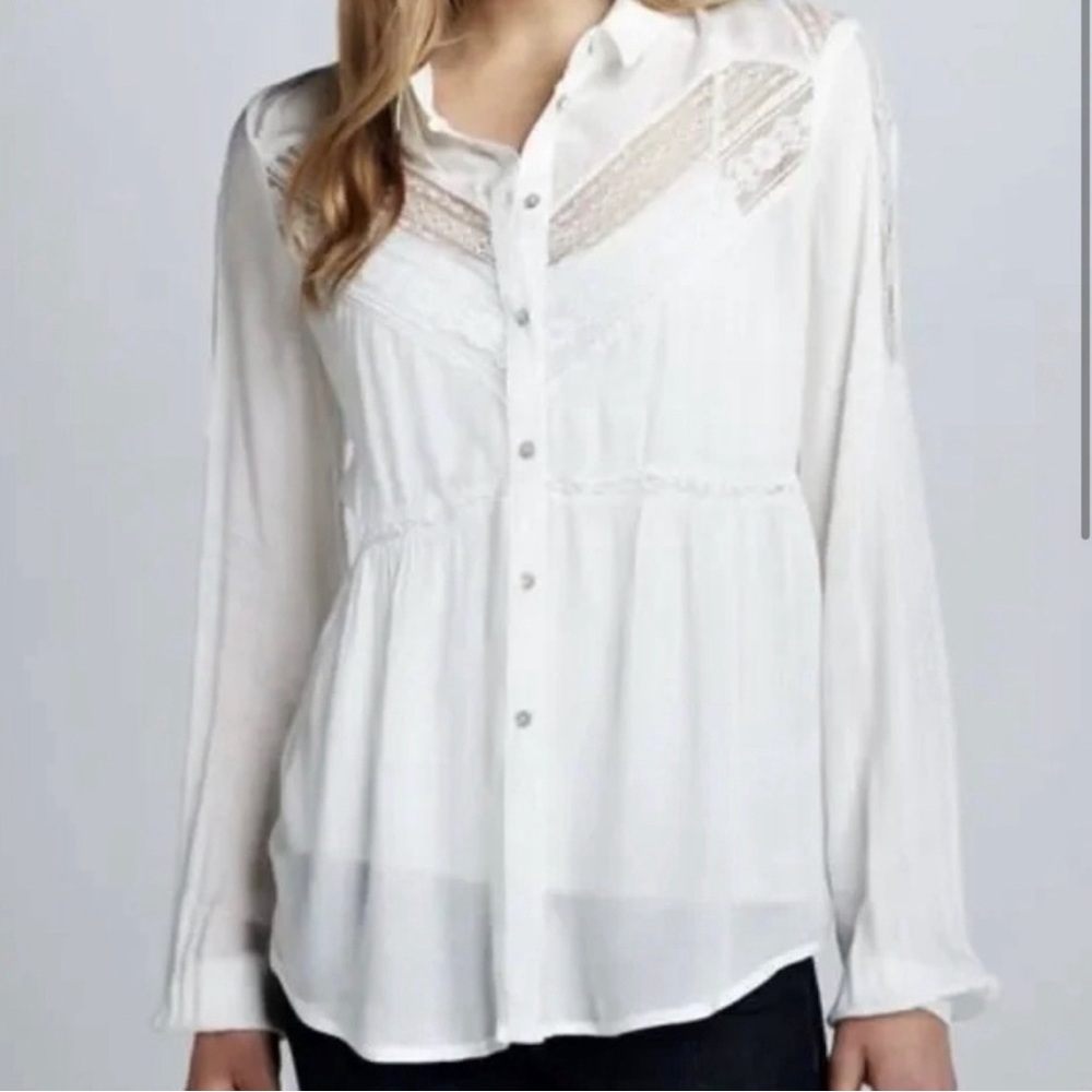 Free People Wild wind crisp white button up collared shirt with lace ext...